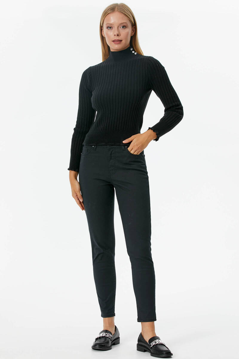 Yarım Balıkçı Düğmeli Derbili Triko Kazak - Siyah (2) Sementa