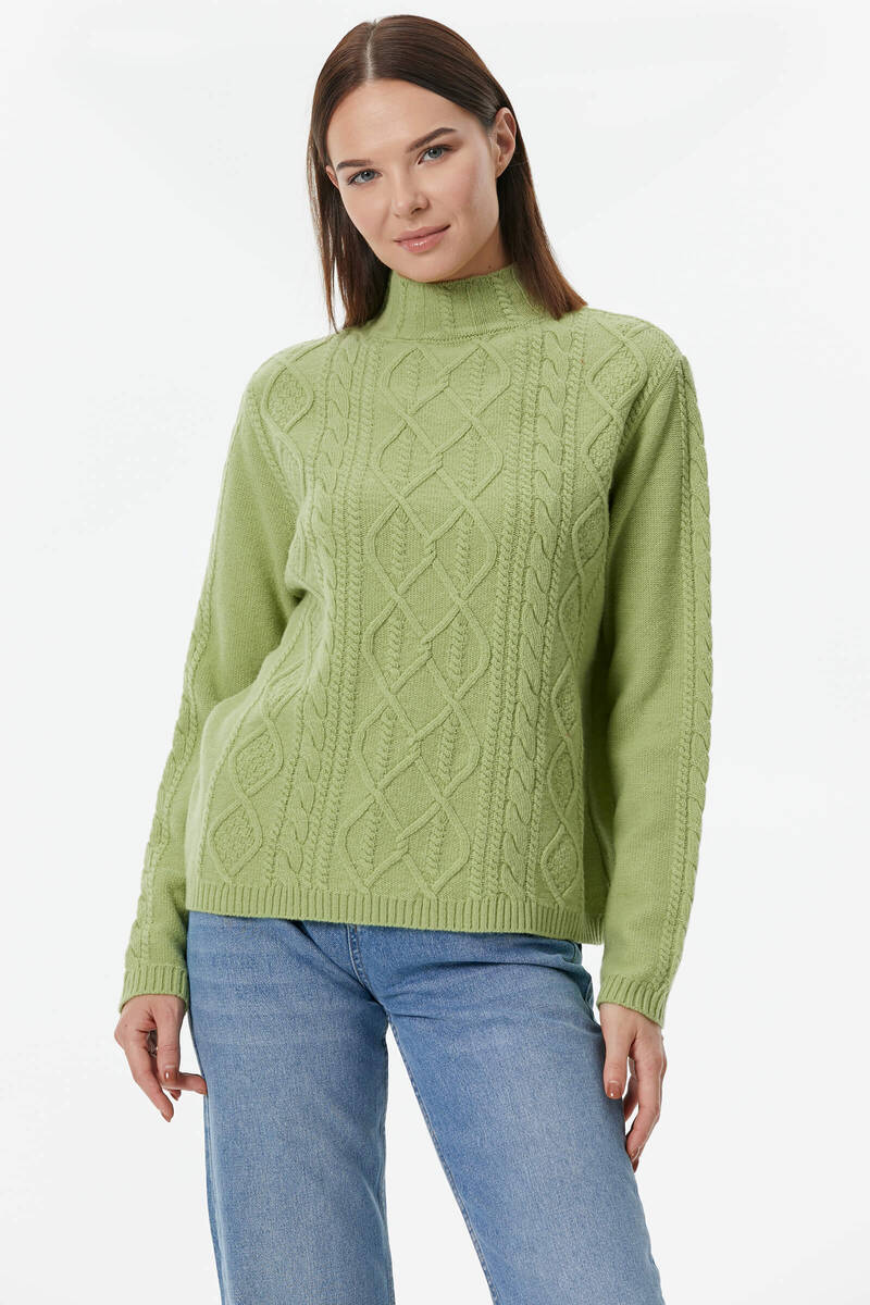 Yarım Balıkçı Saç Örgülü Triko Kazak - Fıstık Yeşili (1) Sementa