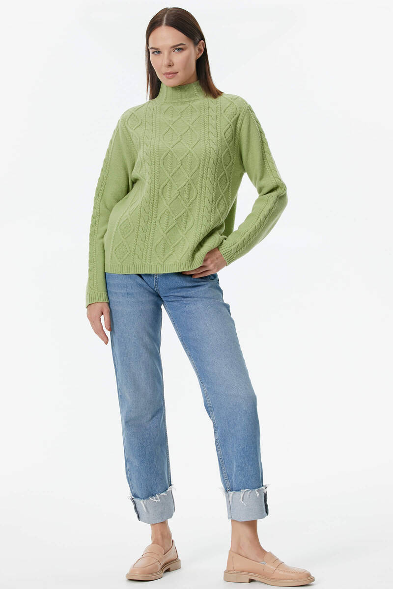 Yarım Balıkçı Saç Örgülü Triko Kazak - Fıstık Yeşili (2) Sementa