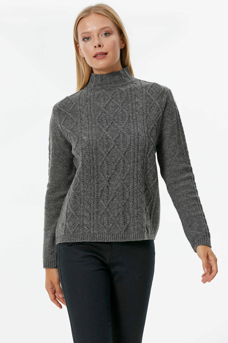 Yarım Balıkçı Saç Örgülü Triko Kazak - Koyu Gri (1) Sementa