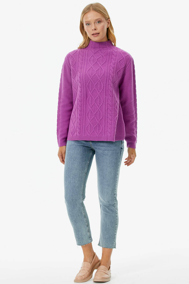 Yarım Balıkçı Saç Örgülü Triko Kazak - Lila (1) Sementa