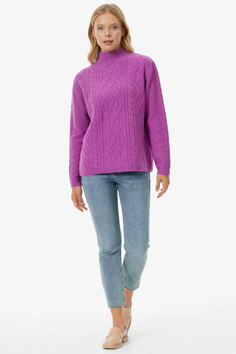 Yarım Balıkçı Saç Örgülü Triko Kazak - Lila (2) Sementa