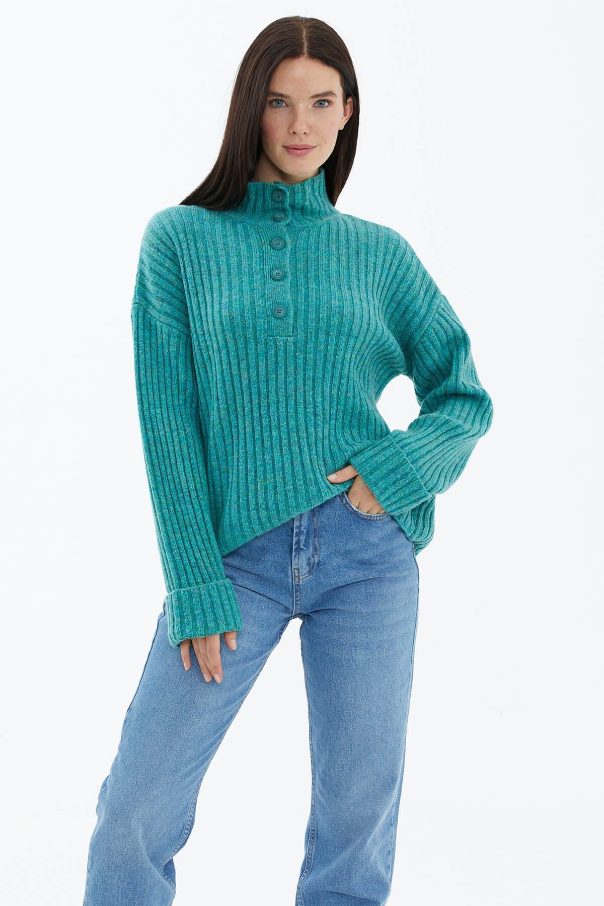 Yarım Balıkçı Yaka Düğmeli Kazak - Mint (1) Sementa